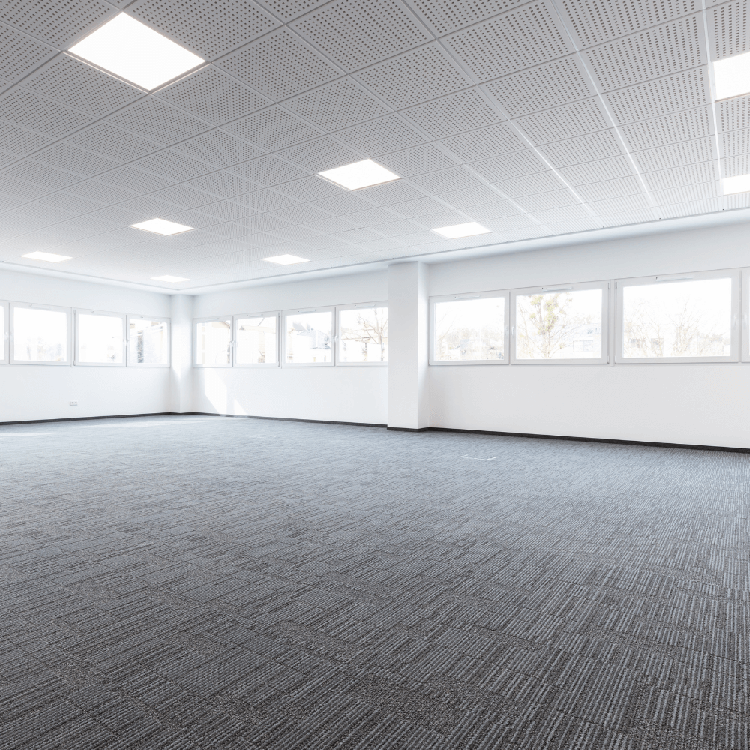 An empty room with a clean grey carpet