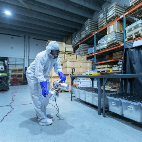 A cleaner in a sterile suit