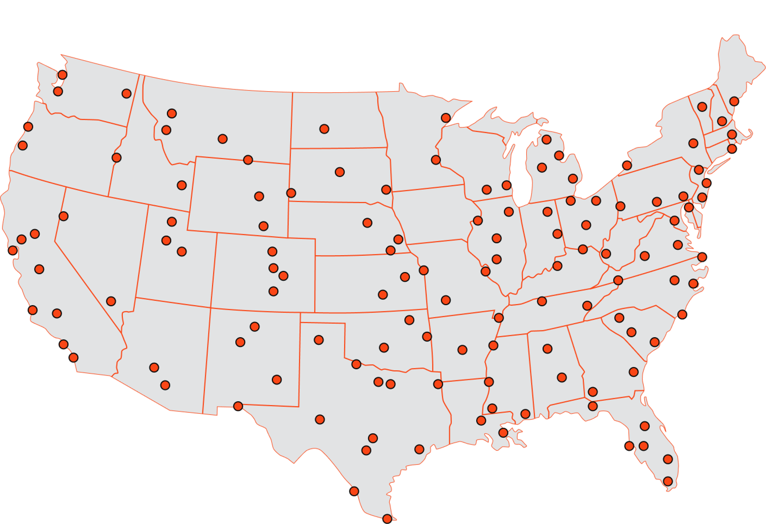 Map of the United States with ACR service provider locations